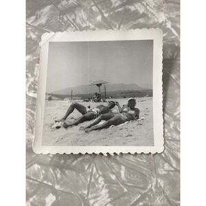 Vintage 1951 Zuma Beach California Snapshot Couple Sunbathing Photo 3.5x3.5